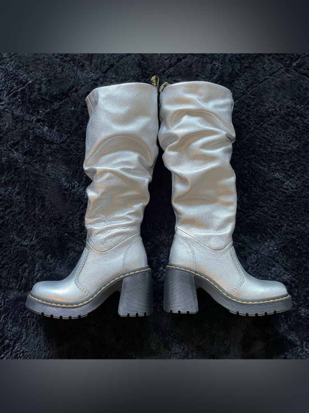Dr Martens Kasey Metallic Leather Knee High Ruffled Boots Womens NEW